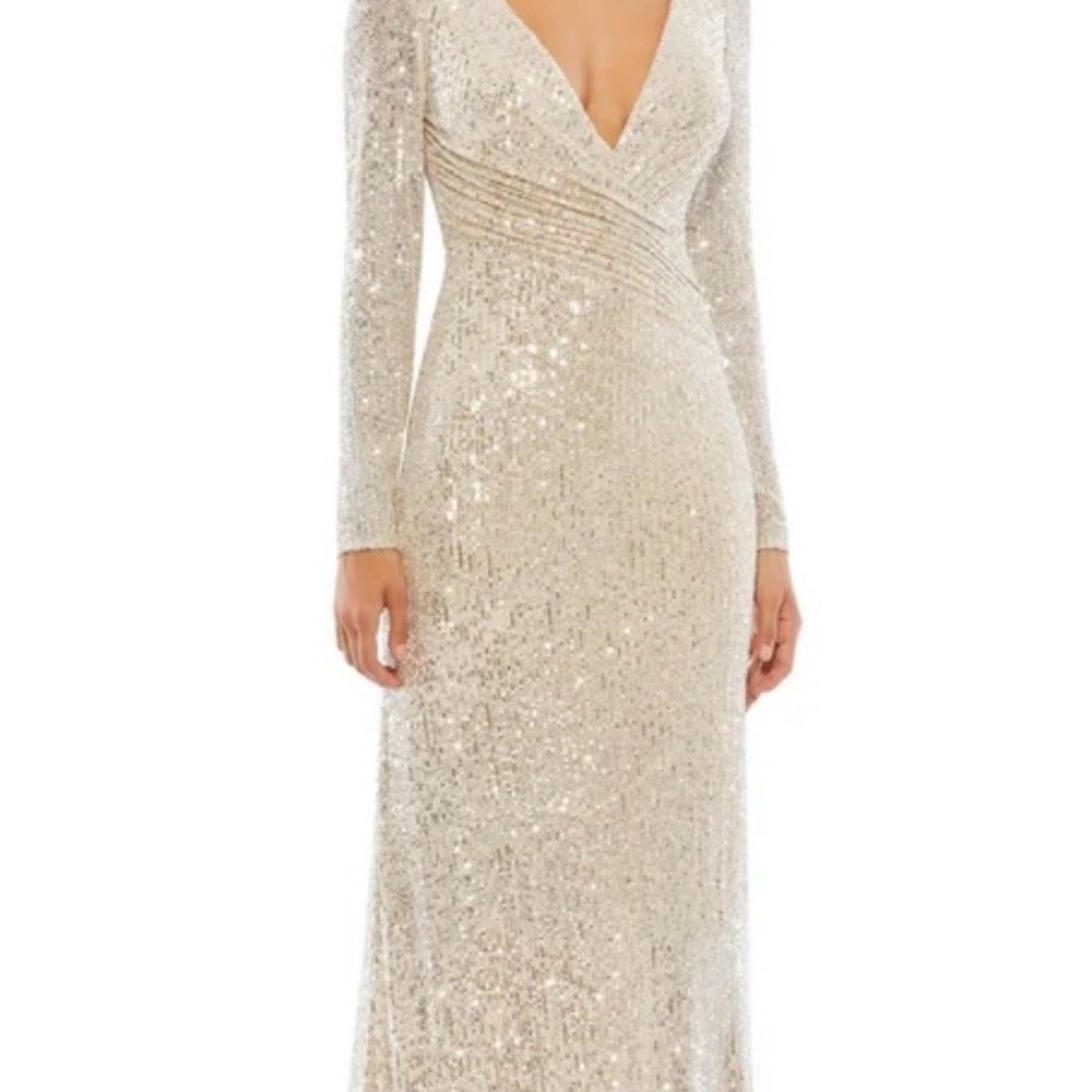 Sequined Long Sleeve V-Neck Evening Dress - Champagne - Picture 3 of 13